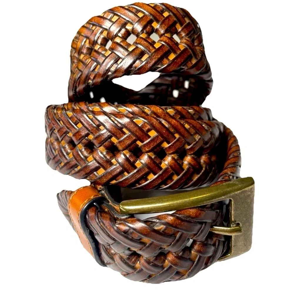 Vintage Braided Woven Brown Genuine Leather Belt Brass Square Buckle Mens Sz 38